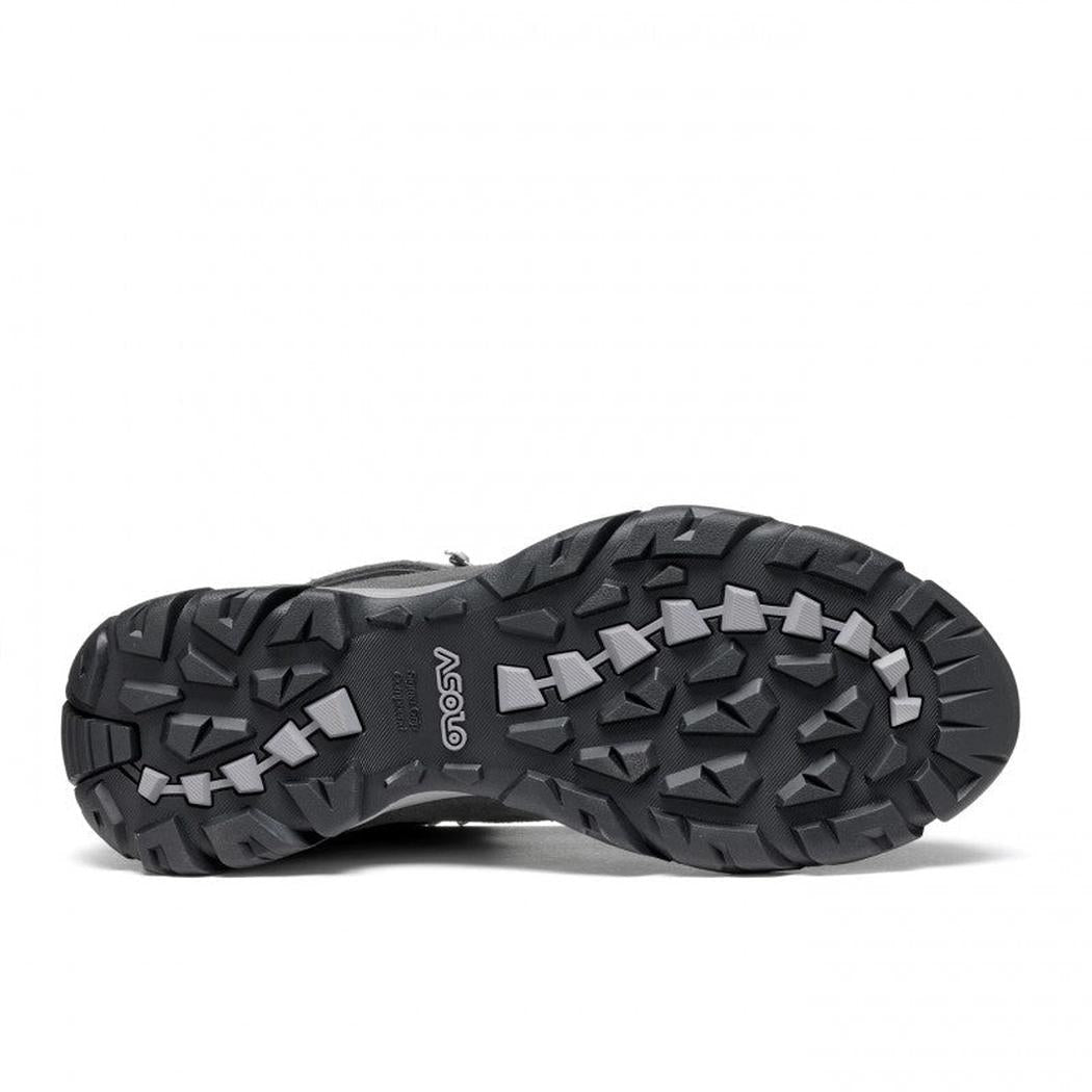 The sole of the Asolo Men's Acadia Mid Leather GTX boot is shown from below, with a rugged tread pattern and the brand name visible, against a plain white background.
