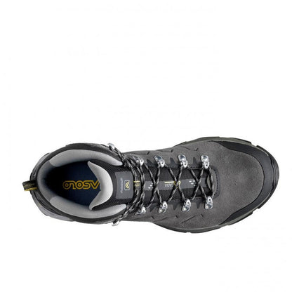 Top view of the Asolo Men's Acadia Mid Leather GTX boot in Graphite/Black with metal eyelets and a white background.