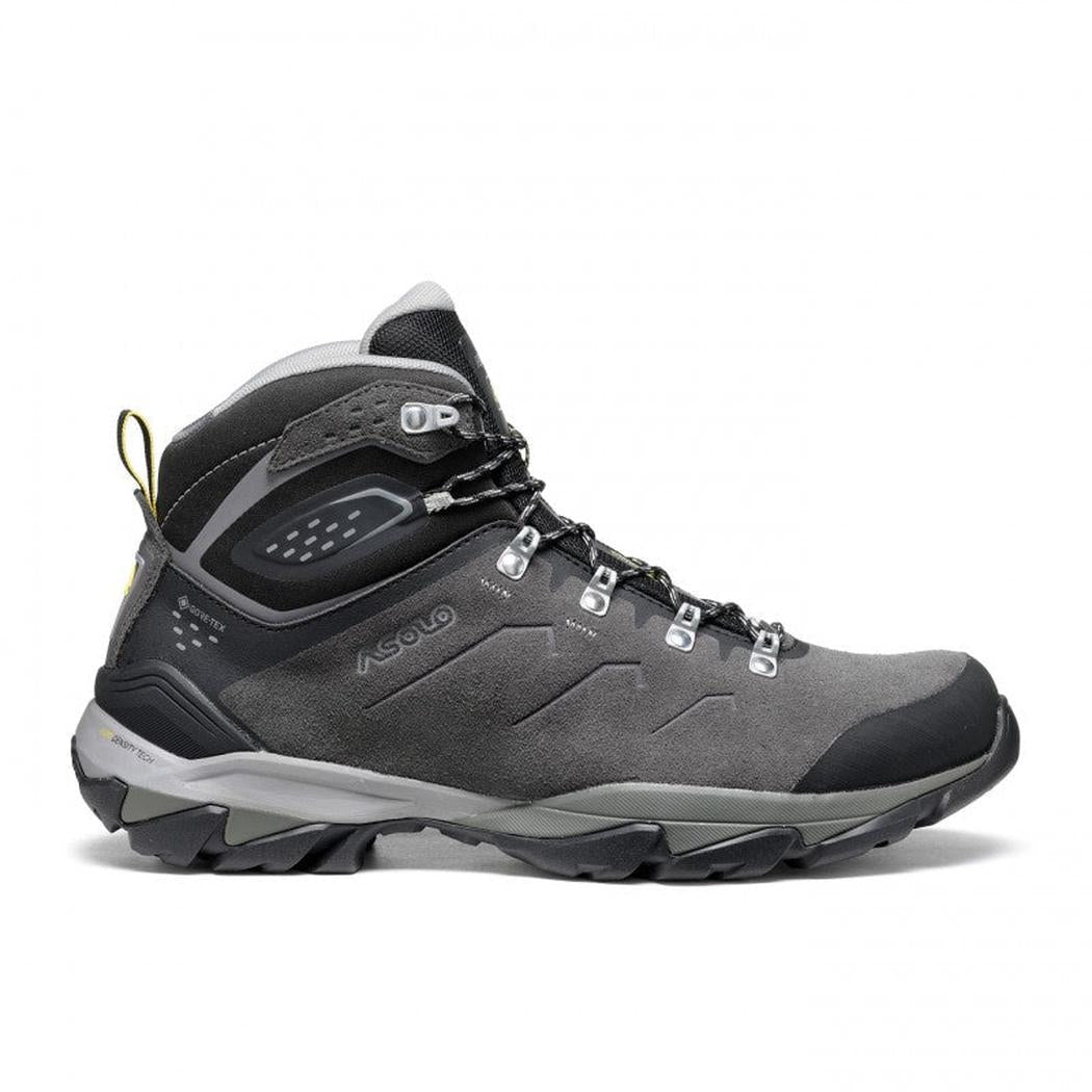 Side view of the Asolo Men's Acadia Mid Leather GTX in Graphite / Black with a lugged outsole against a white background.