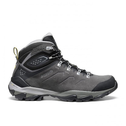 Side view of the Asolo Men's Acadia Mid Leather GTX in Graphite / Black with a lugged outsole against a white background.