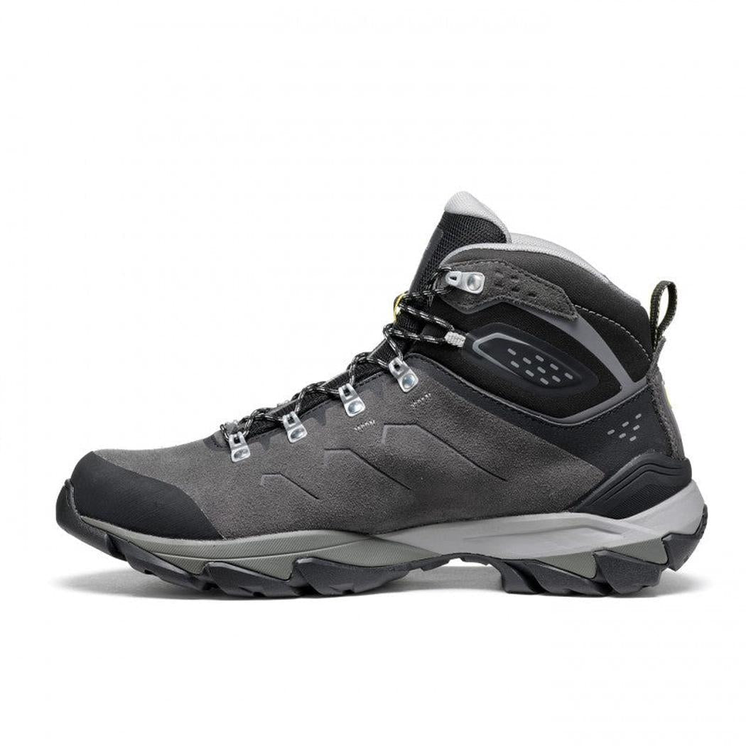 Side view of the Asolo Men's Acadia Mid Leather GTX in Graphite/Black with a lugged outsole against a white background.