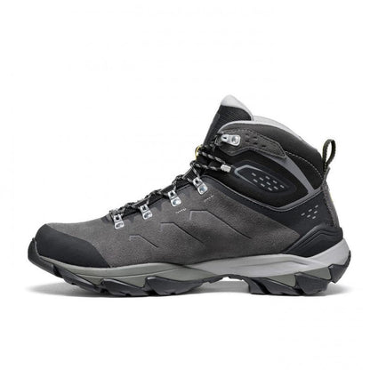 Side view of the Asolo Men's Acadia Mid Leather GTX in Graphite/Black with a lugged outsole against a white background.