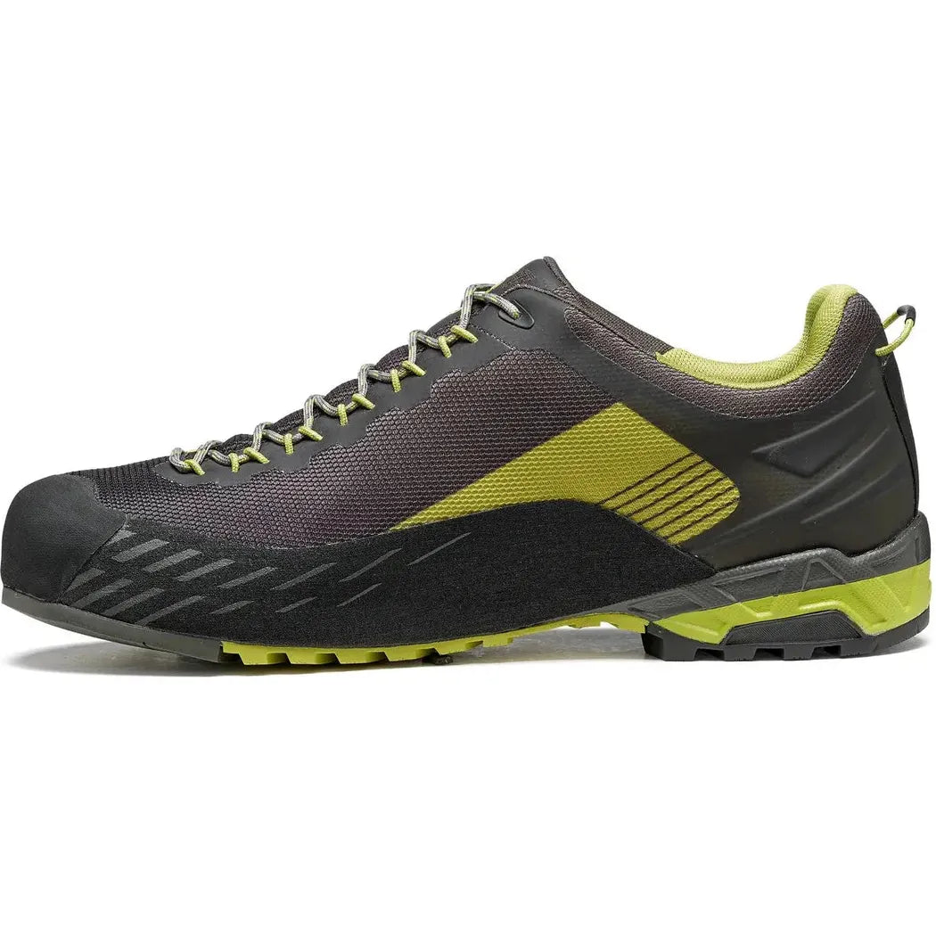 Side view of the Asolo Men's Eldo GV in Green Oasis/Smokey Grey showing the lugged outsole against a white background.