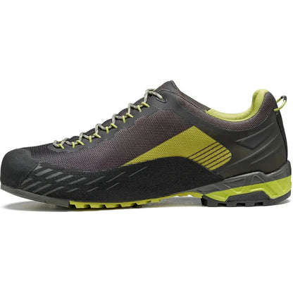 Side view of the Asolo Men's Eldo GV in Green Oasis/Smokey Grey showing the lugged outsole against a white background.