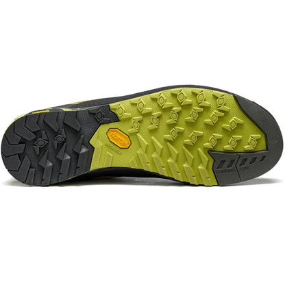 The sole of the Asolo Men's Eldo GV shoe in Green Oasis/Smokey Grey is shown from below, with a lugged tread pattern and a white background.
