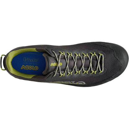 Top view of the Asolo Men's Eldo GV shoe in Green Oasis/Smokey Grey with yellow laces and a blue Ortholite insole.