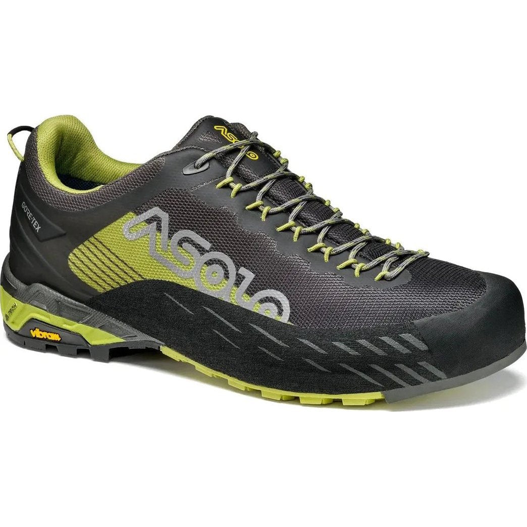 A side view of the Asolo Men's Eldo GV in Green Oasis/Smokey Grey showing the lugged outsole against a white background.