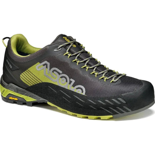 A side view of the Asolo Men's Eldo GV in Green Oasis/Smokey Grey showing the lugged outsole against a white background.