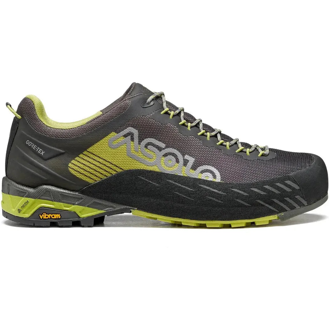 Side view of the Asolo Men's Eldo GV in Green Oasis/Smokey Grey showing the Vibram outsole against a white background.