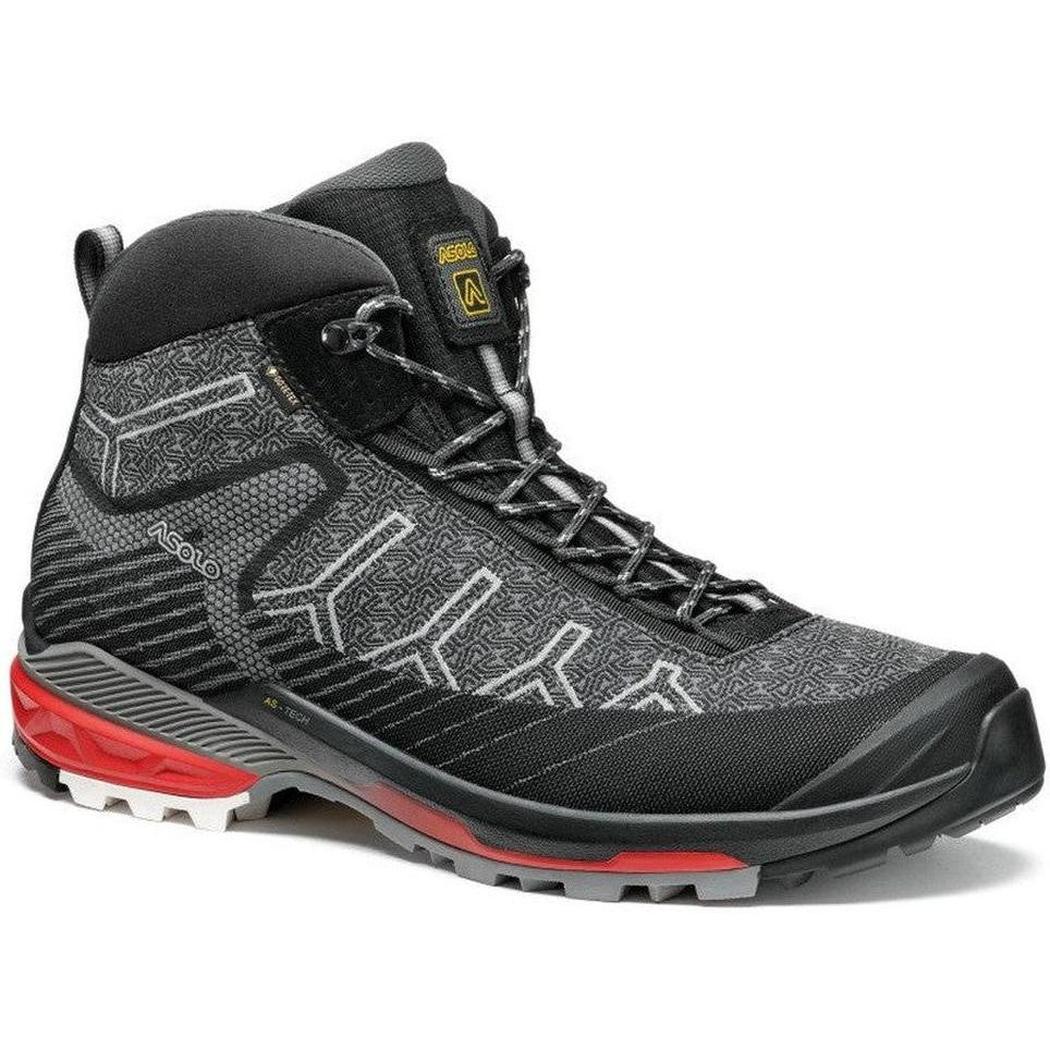 Side view of the Asolo Men's Falcon Evo Jacquard GV boot in Black/Red showing the lugged outsole against a white background.
