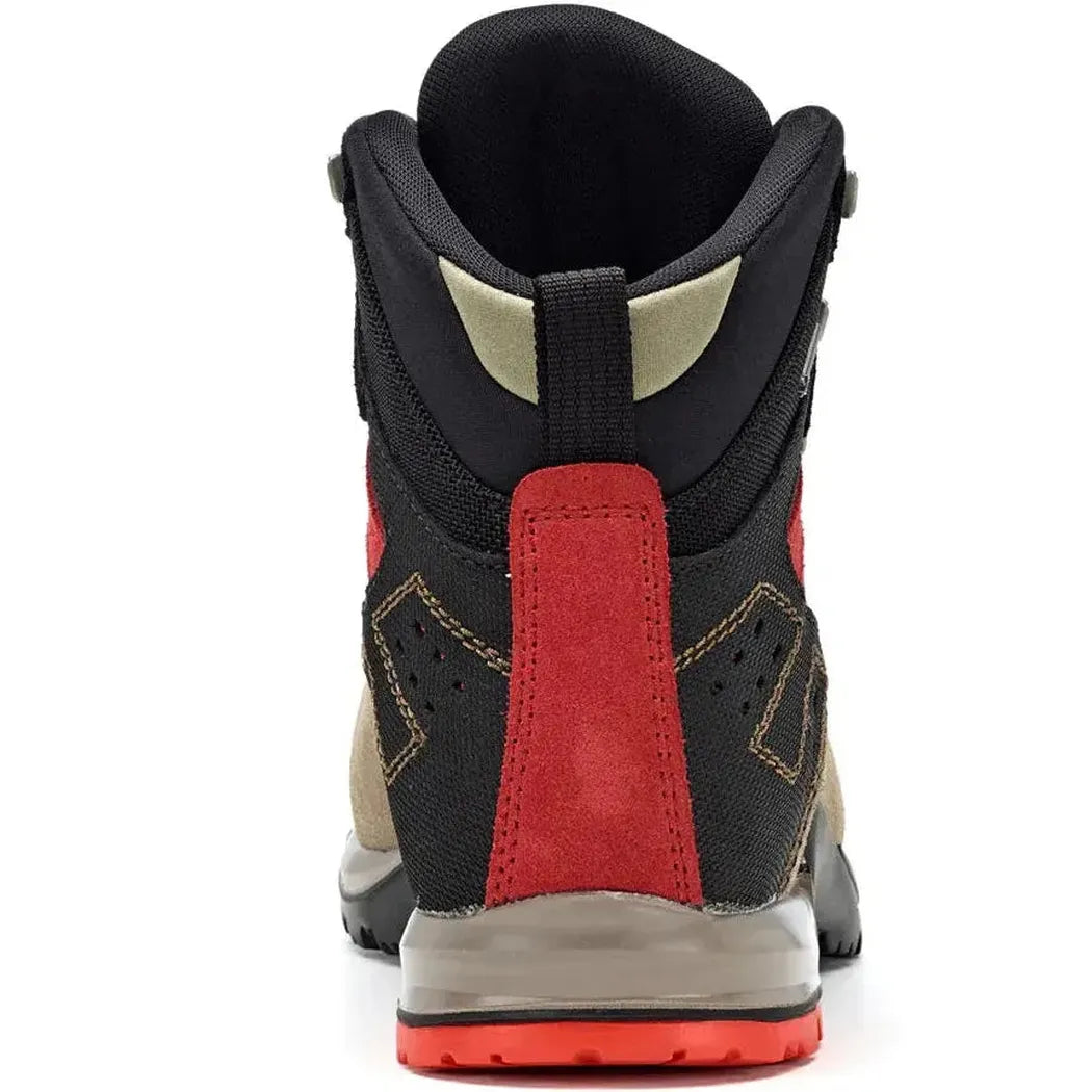 Back view of the Asolo Men's Fugitive GTX Wool Black boot showing the red heel counter and black upper against a white background.