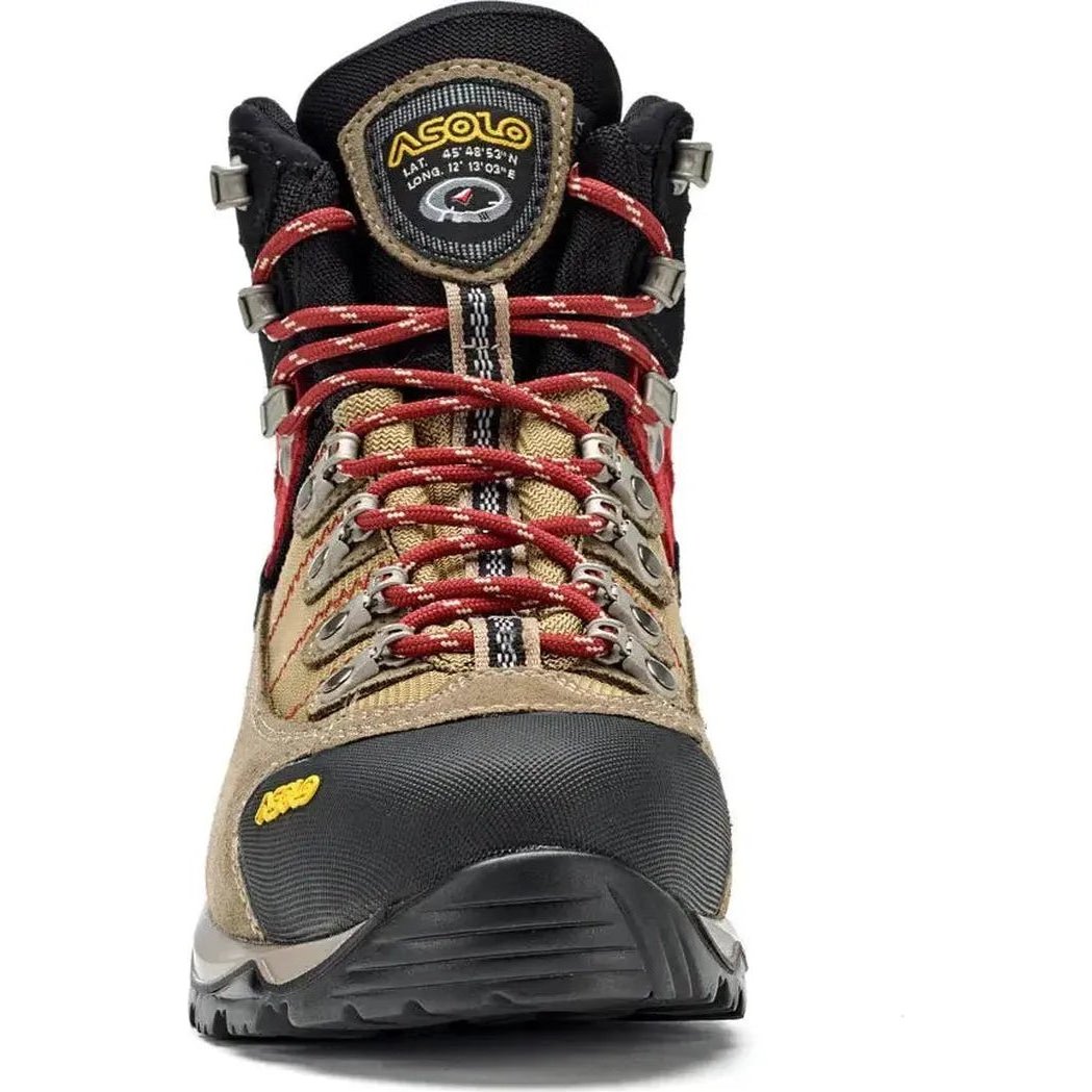 Front view of the Asolo Men's Fugitive GTX boot in Wool Black with red laces and a black toe cap.
