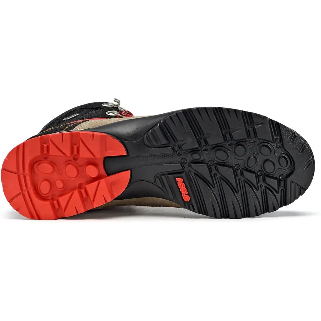 The sole of the Asolo Men's Fugitive GTX boot shows a black and red rubber tread with the brand name visible, photographed from below against a white background.
