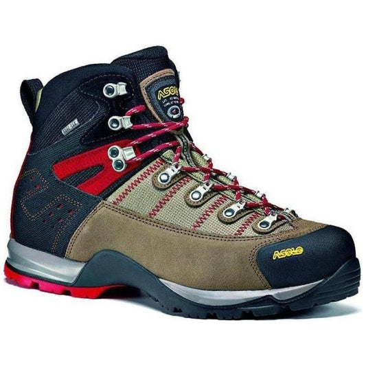 A side view of the Asolo Men's Fugitive GTX Wool Black hiking boot showing its lugged outsole against a white background.