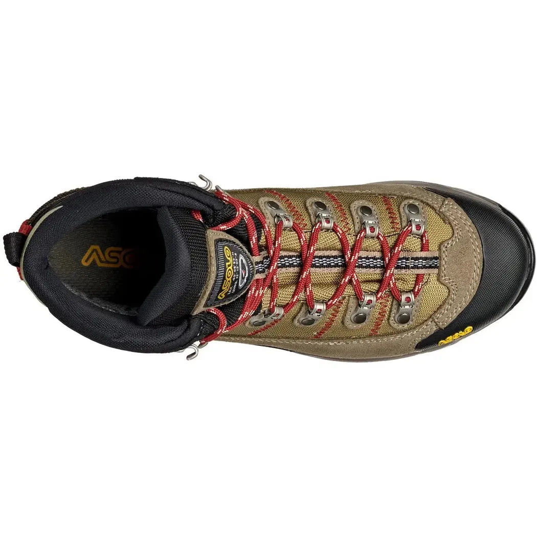Top view of the Asolo Men's Fugitive GTX Wool Black hiking boot with red laces and black collar against a white background.