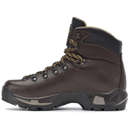 Side view of the Asolo Men's TPS 520 EVO GV Chestnut hiking boot with a black collar and yellow laces against a white background.