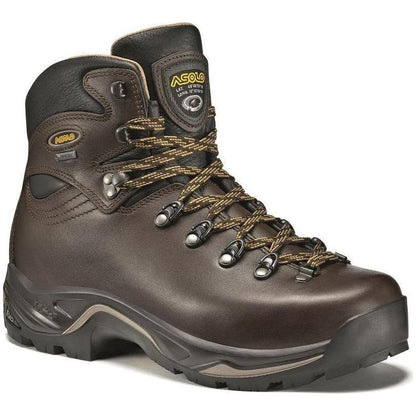 A side view of the Asolo Men's TPS 520 EVO GV in Chestnut showing the lugged outsole against a white background.