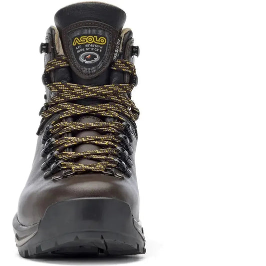 Front view of the Asolo Men's TPS 520 EVO GV boot in Chestnut with yellow laces and a white background.