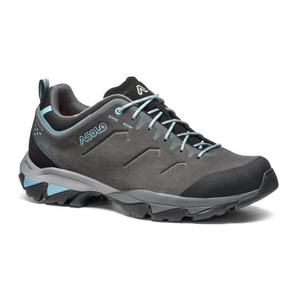 A side view of the Asolo Women's Acadi LTH GTX MM in Graphite/Blue with a white background.