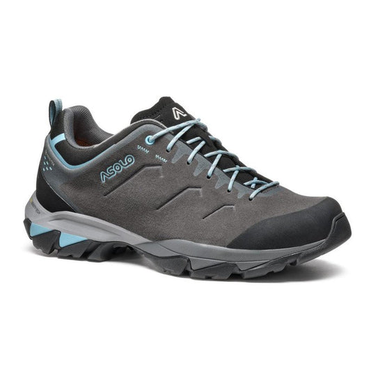 A side view of the Asolo Women's Acadi LTH GTX MM in Graphite/Blue with a white background.