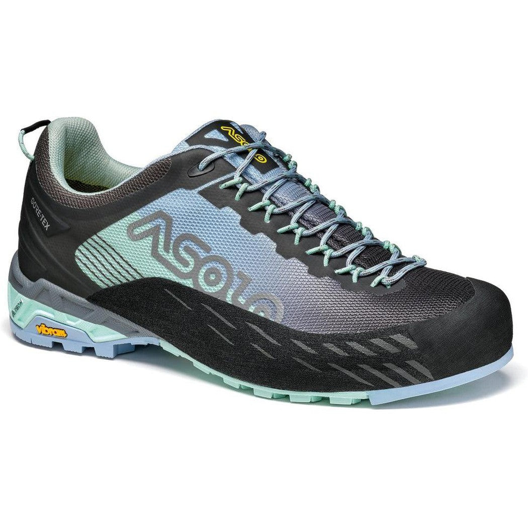 Side view of the Asolo Women's Eldo GV in Brook Green/Blue Fog showing the lugged outsole against a white background.