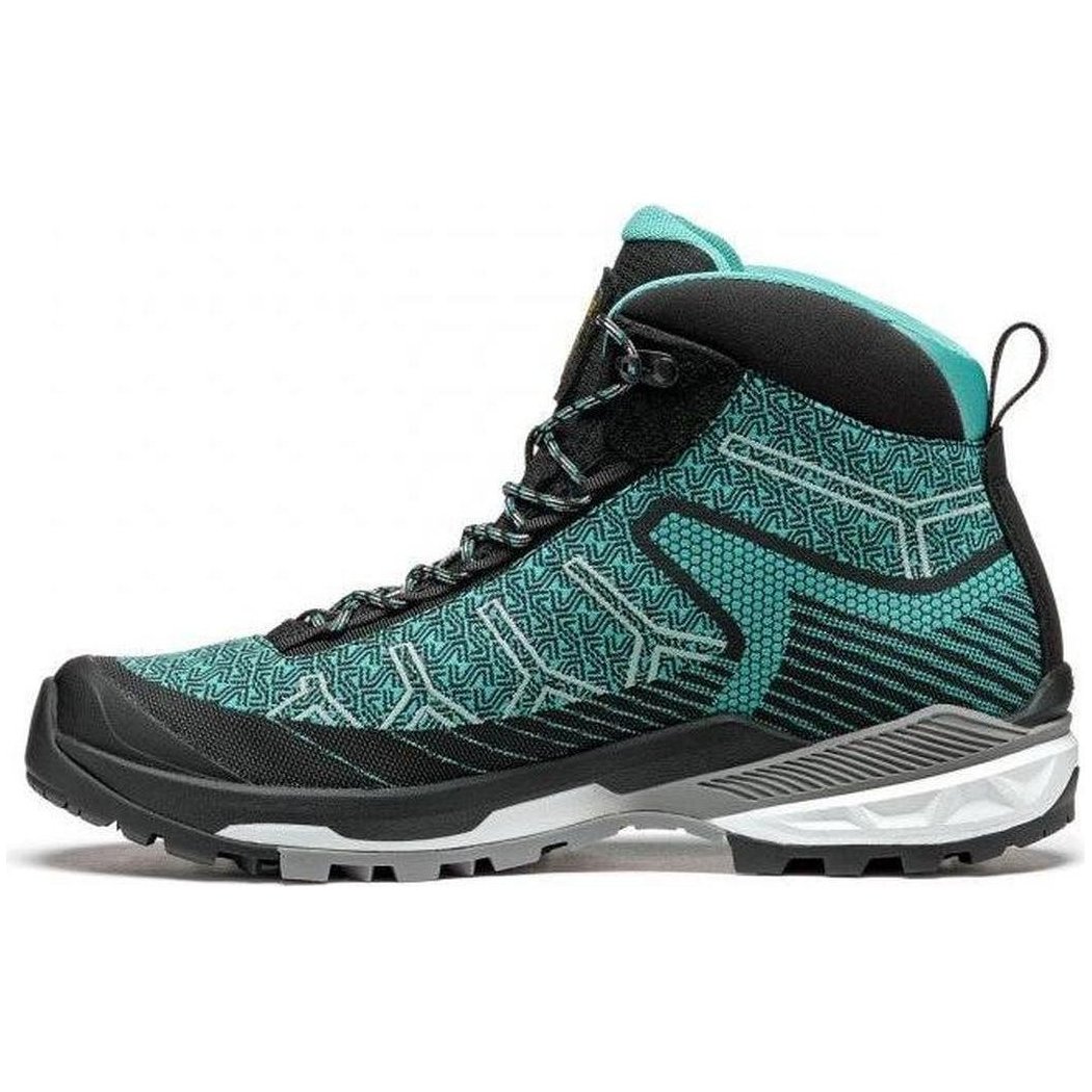 Side view of the Asolo Women's Falcon Evo Jacquard GV in Black/Green showing the lugged outsole against a white background.
