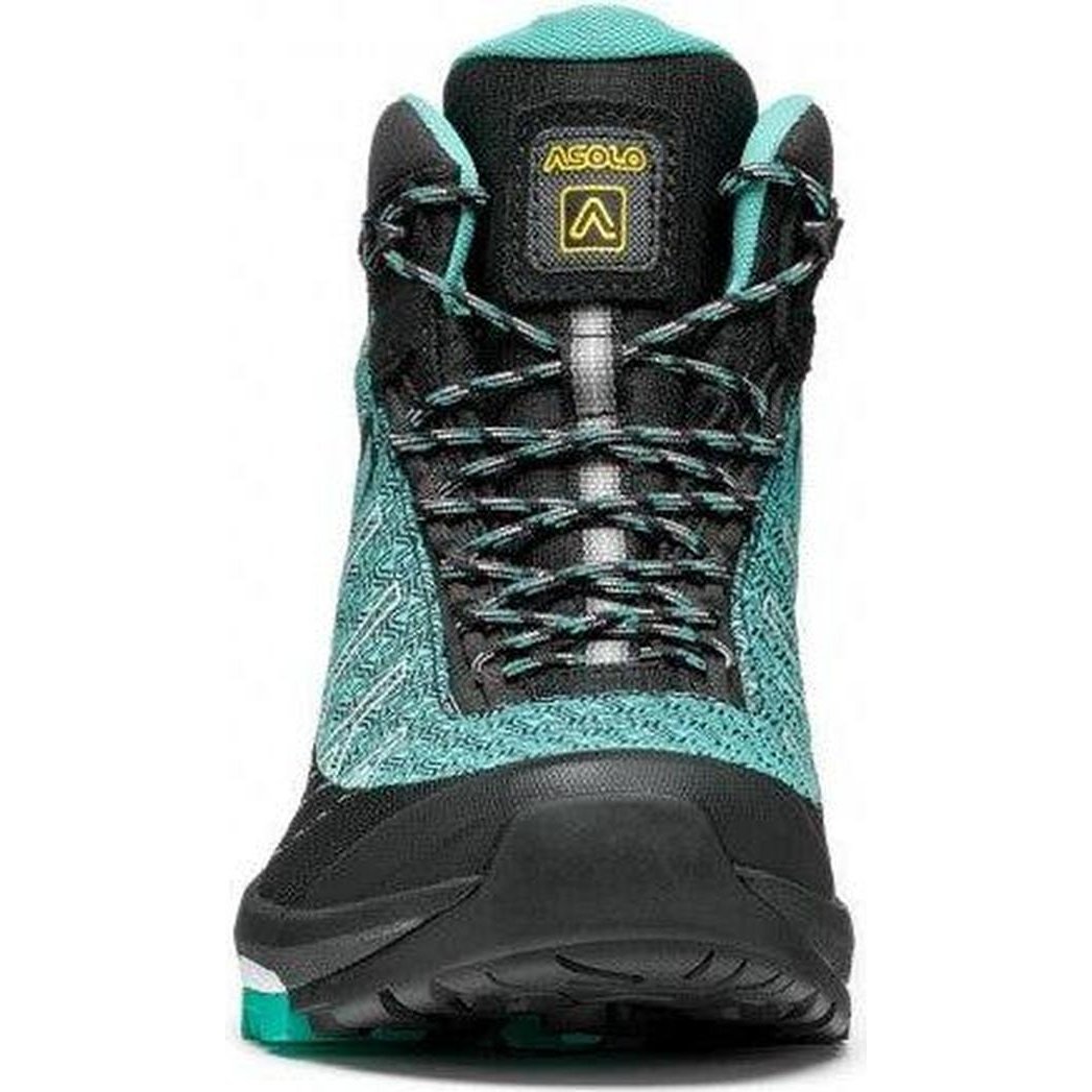 Front view of the Asolo Women's Falcon Evo Jacquard GV boot in Black/Green with a laced upper and rugged sole.