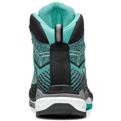 Back view of the Asolo Women's Falcon Evo Jacquard GV boot in Black/Green with a teal interior and patterned fabric.
