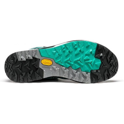 The sole of the Asolo Women's Falcon Evo Jacquard GV boot in Black/Green is shown from below, featuring a lugged outsole and a yellow logo against a white background.