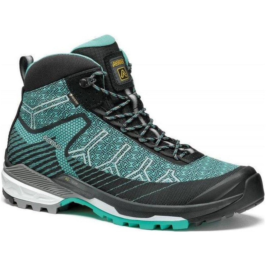 Side view of the Asolo Women's Falcon Evo Jacquard GV in Black/Green showing the lugged outsole against a white background.