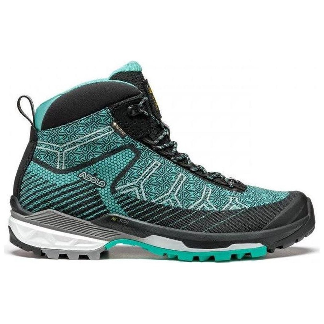 Side view of the Asolo Women's Falcon Evo Jacquard GV in Black/Green showing the lugged outsole against a white background.