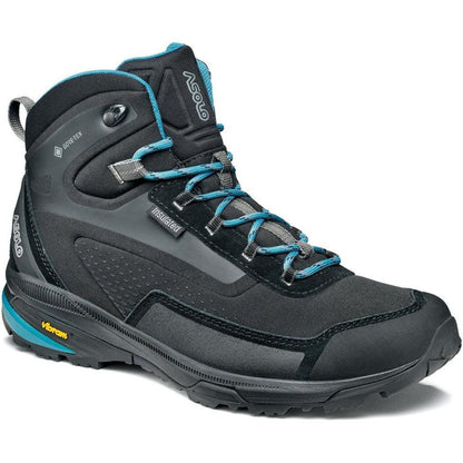 Side view of the Asolo Women's Nuuk GV in Black/Blue Moon showing the lugged outsole against a white background.