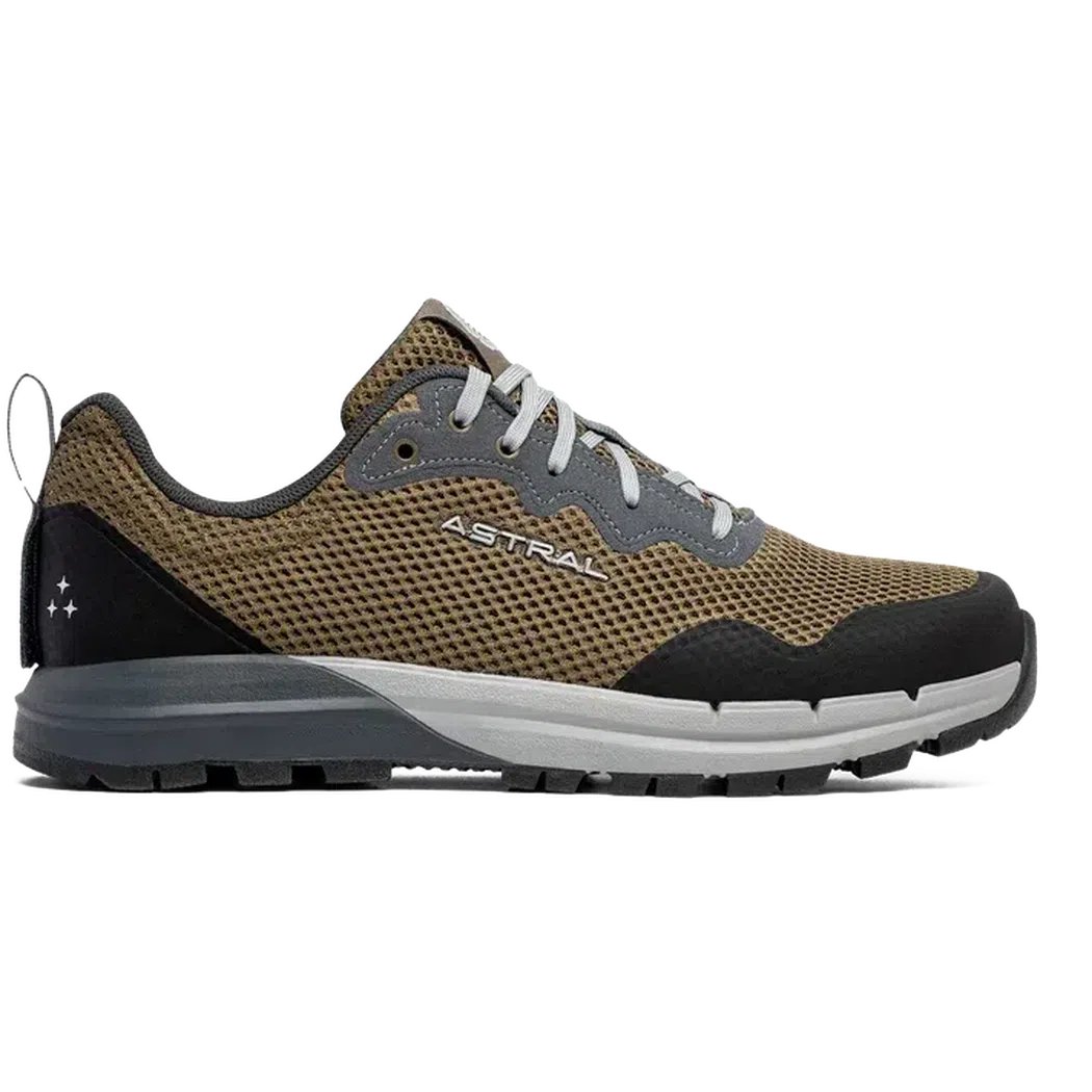 Side view of the Astral Men's TR1 Mesh 2.0 in Dirty Olive showing the mesh upper and lugged outsole against a white background.