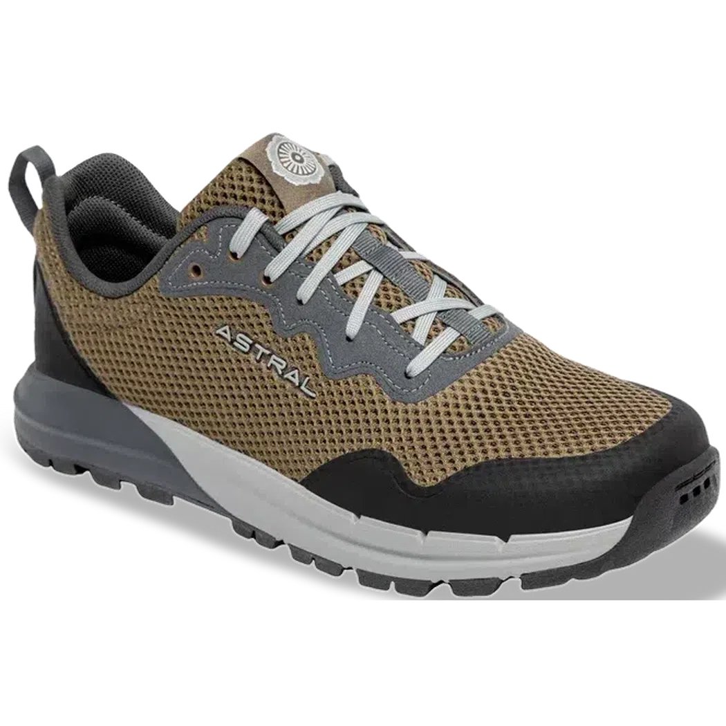 Side view of the Astral Men's TR1 Mesh 2.0 in Dirty Olive showing the mesh upper and lugged outsole against a white background.
