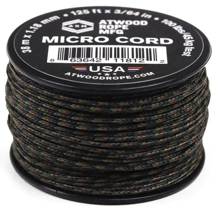 A spool of Atwood Rope Micro Cord in black is shown from a top-down angle on a white background.