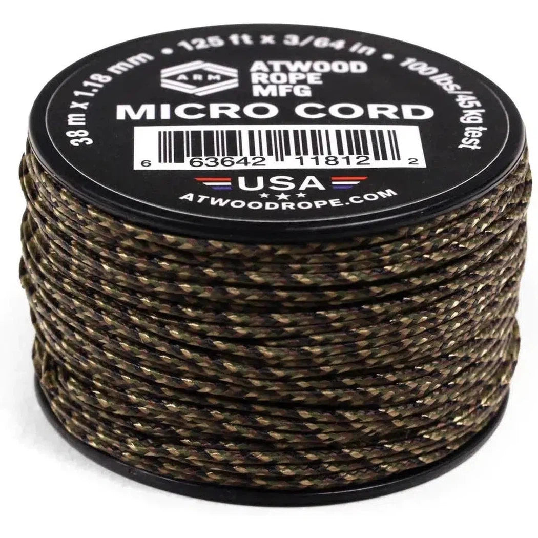 A spool of Atwood Rope Micro Cord in black is shown from a front angle with a white background.