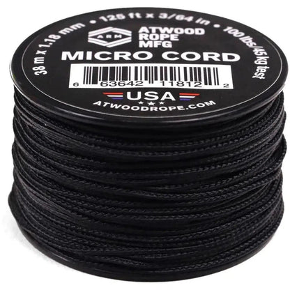 A spool of black Atwood Rope Micro Cord is shown from a top-down angle with the product label clearly visible.