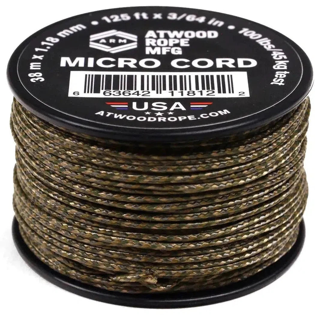 A spool of Atwood Rope Micro Cord in black is shown from a front angle with a white background.