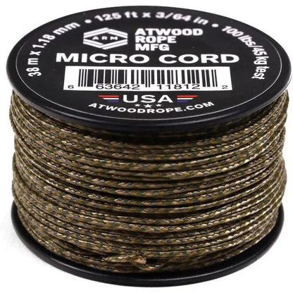 A spool of Atwood Rope Micro Cord in black is shown from a front angle with a white background.