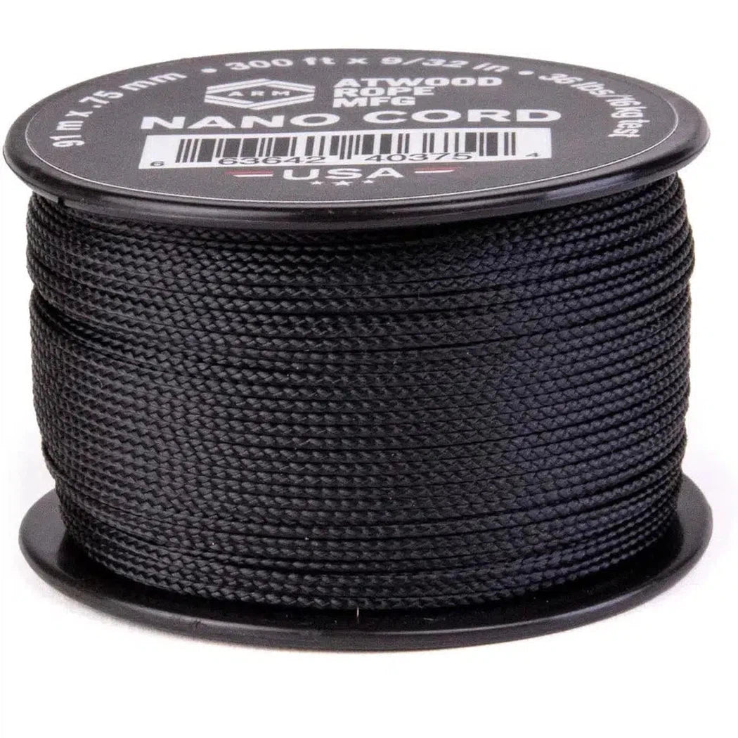 A spool of black Atwood Rope Nano Cord with a label showing 300 ft length and 36 lb strength, photographed from a front angle against a white background.