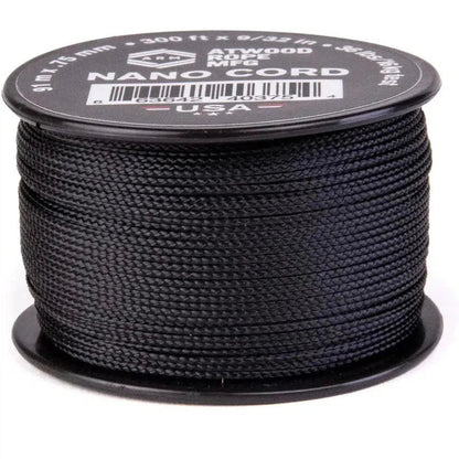 A spool of black Atwood Rope Nano Cord with a label showing 300 ft length and 36 lb strength, photographed from a front angle against a white background.