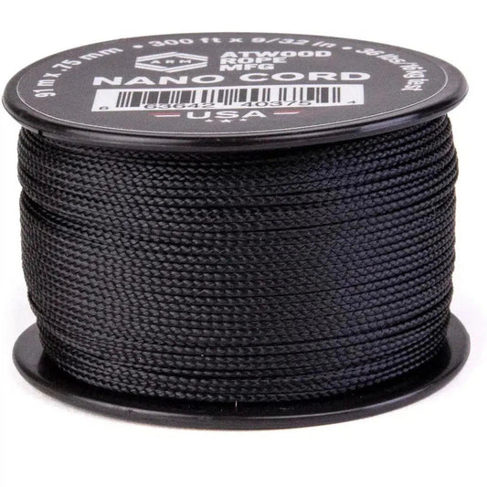 A spool of black Atwood Rope Nano Cord with a label showing 300 ft length and 36 lb strength, photographed from a front angle against a white background.
