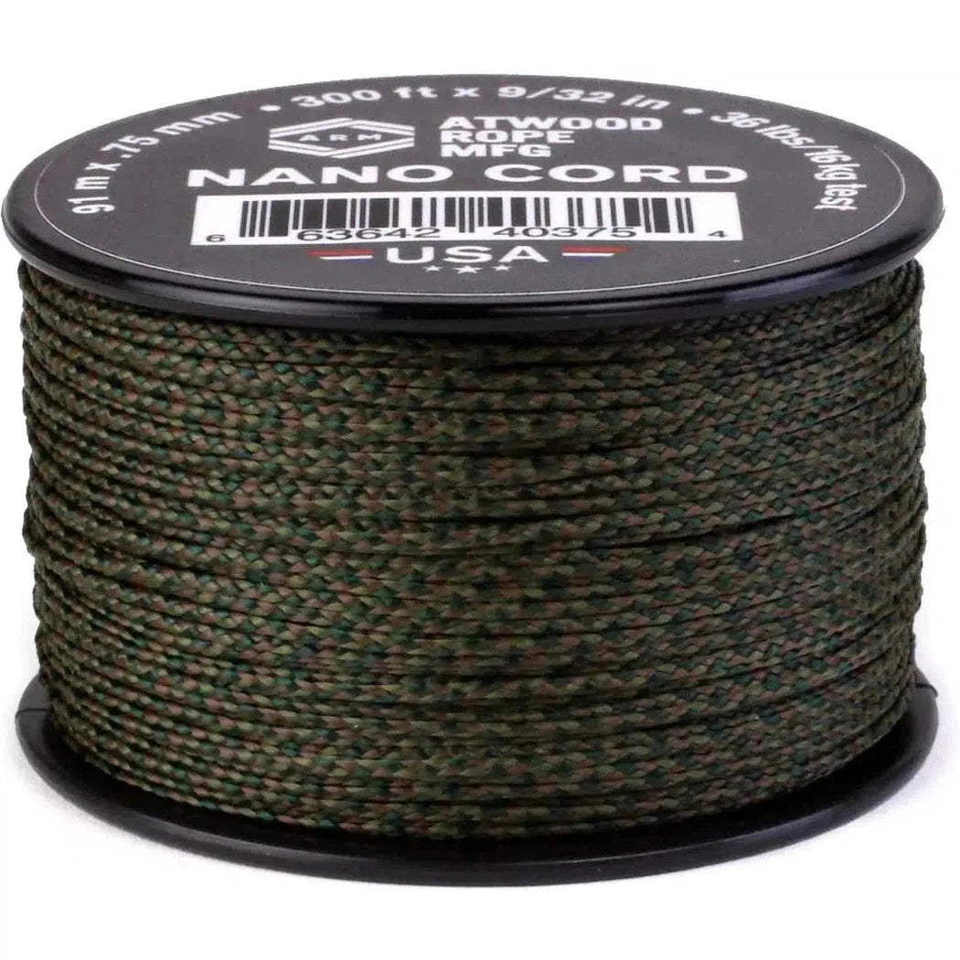 A spool of Atwood Rope Nano Cord in ACU color sits on a black base with a white background.