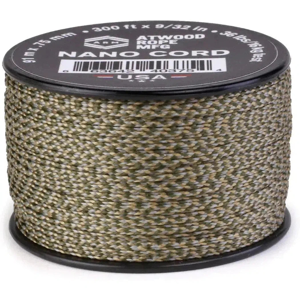 A spool of Atwood Rope Nano Cord in ACU color sits on a white background.