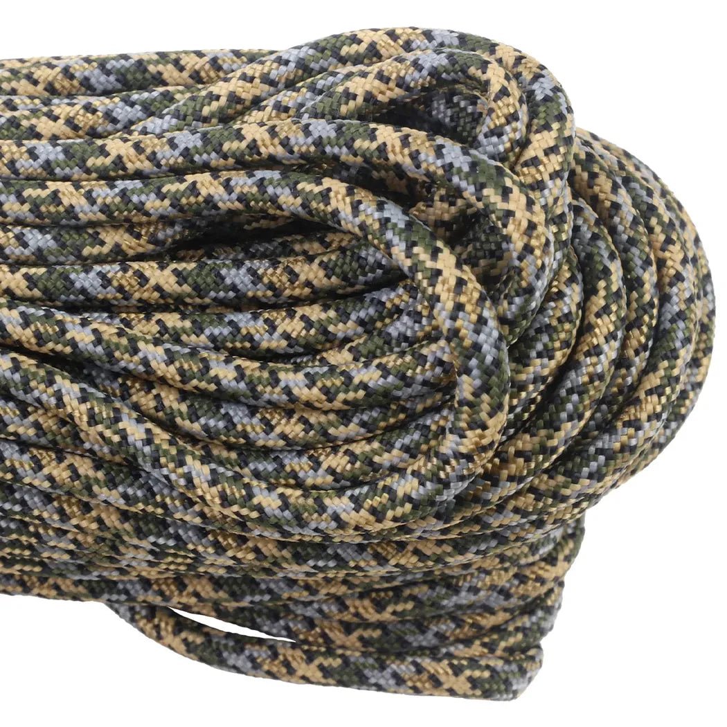 A close-up of the Atwood Rope Paracord - 550 LB - 4MM X 100 FT - Camos and Black, showing its tightly coiled, camouflaged pattern against a white background.
