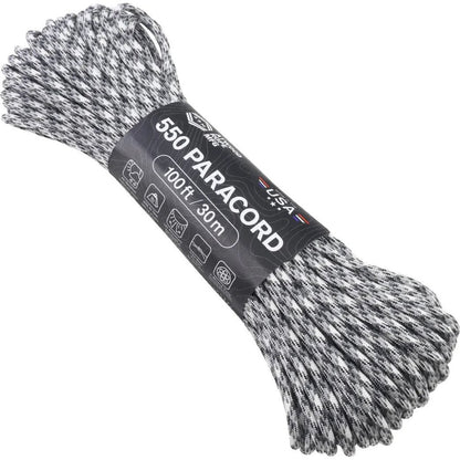 A bundle of Arctic Camo 550 paracord with a black label showing 100 ft length against a white background.