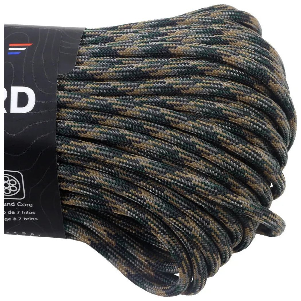 A coiled bundle of Atwood Rope Paracord in Arctic Camo, showing the 7-strand core label and a black packaging tag.
