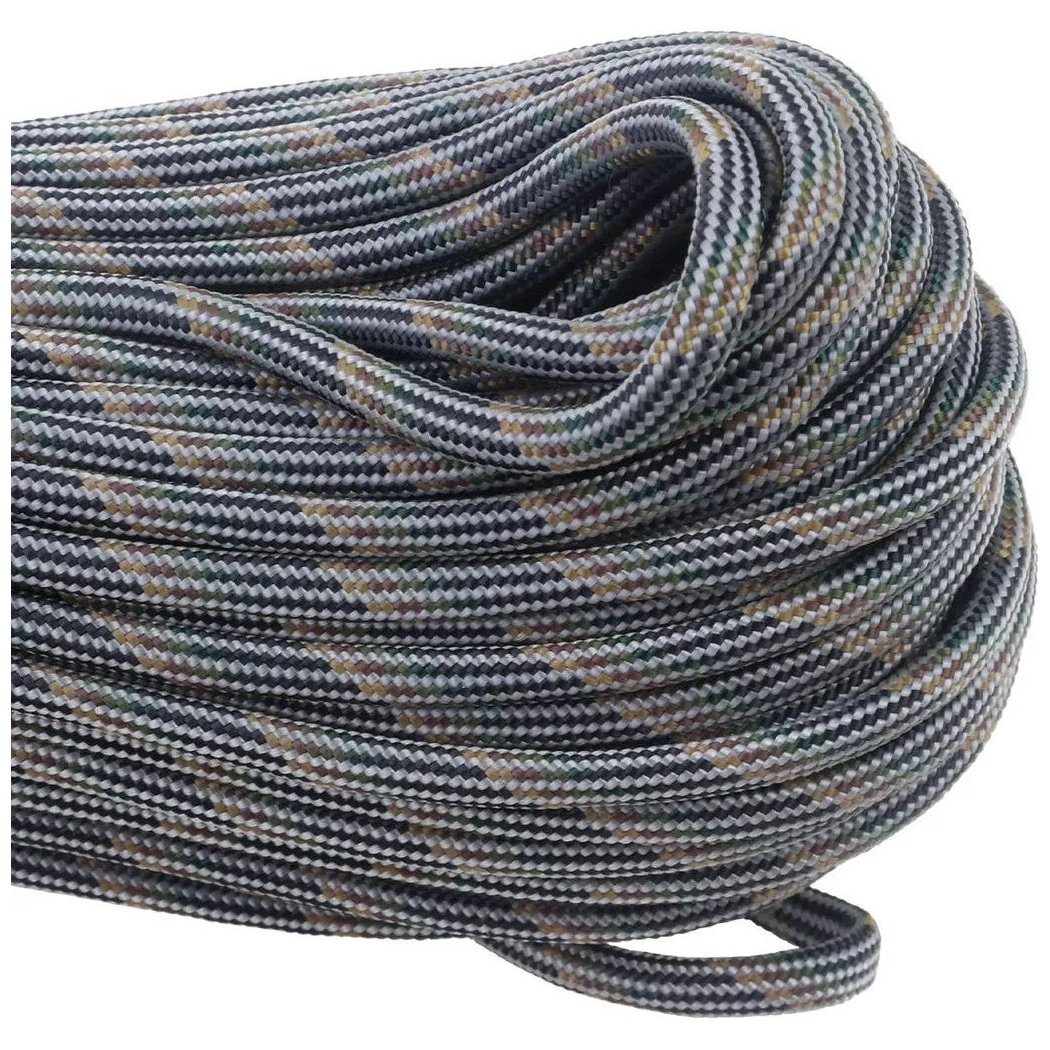 A coiled bundle of Atwood Rope Paracord - 550 LB - 4MM X 100 FT - Camos and Black, showing its braided texture and camouflage pattern against a white background.