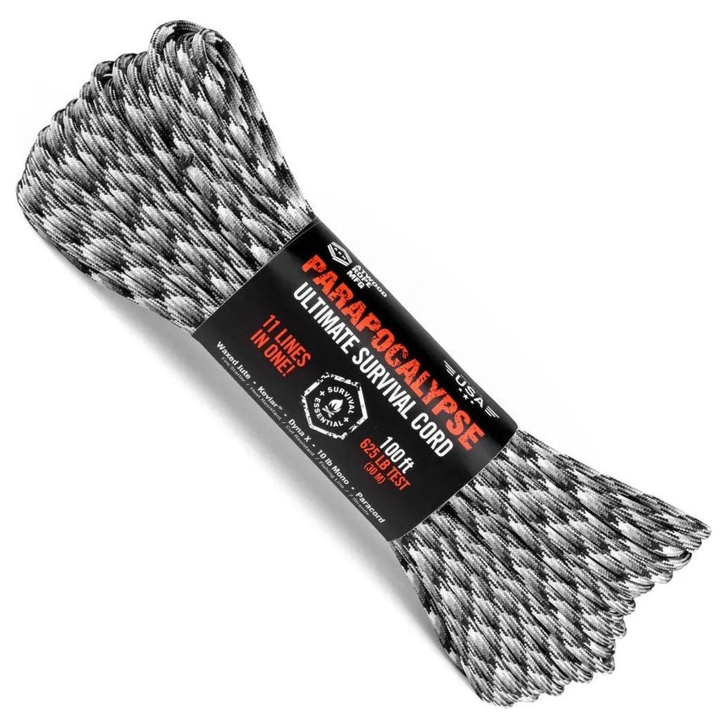 A roll of Atwood Rope Parapocalypse Ultimate Survival Cord in Charcoal/Graphite is shown from a top-down angle against a white background.