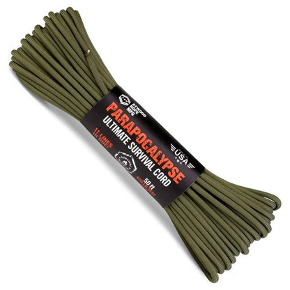 A bundle of green Parapocalypse Ultimate Survival Cord laid out on a white background.